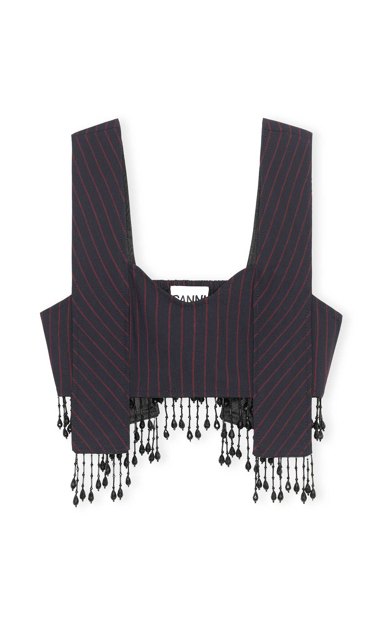Stretch Stripe Beaded Fringes Panel Strap Top, Elastane, in colour Sky Captain - 1 - GANNI