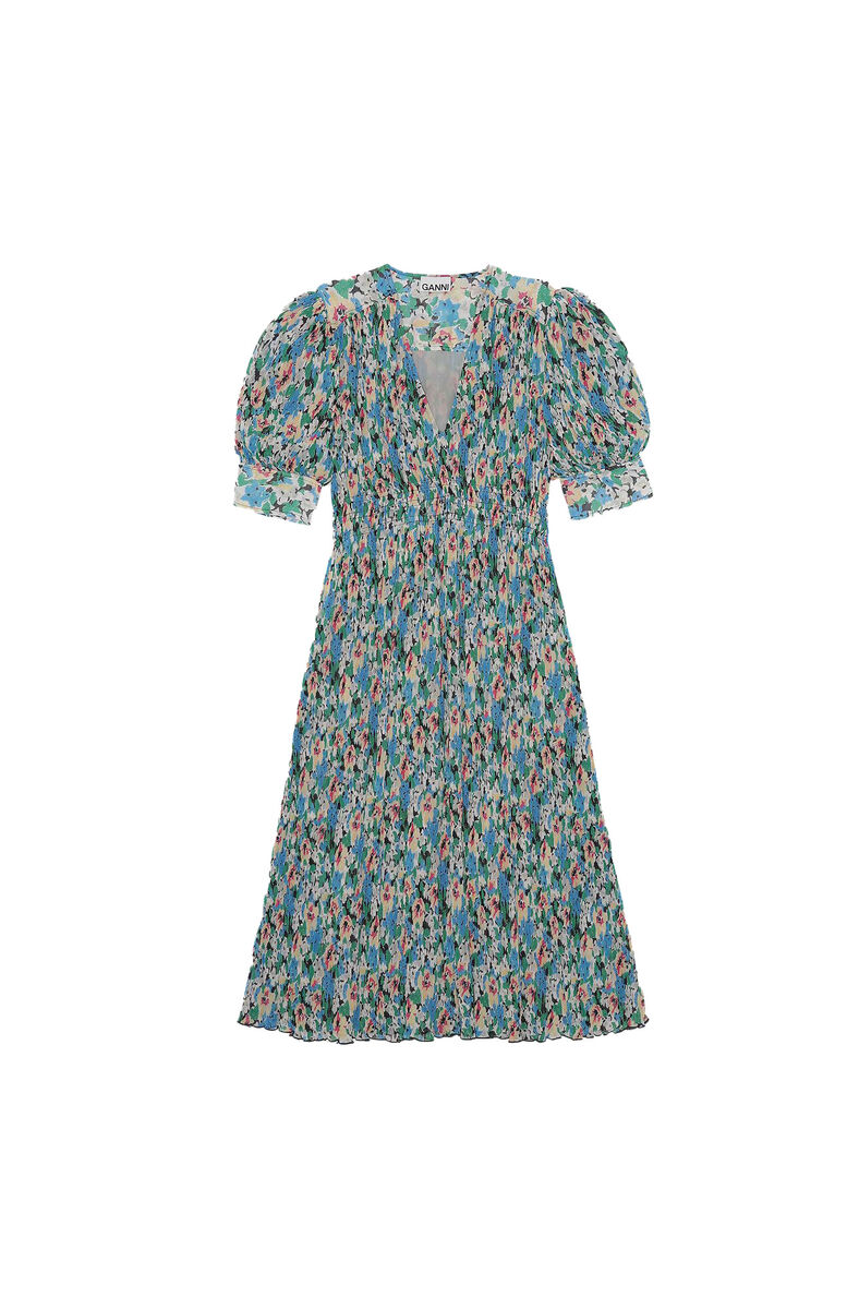 V-Neck Midi Dress, Recycled Polyester, in colour Floral Azure Blue - 1 - GANNI