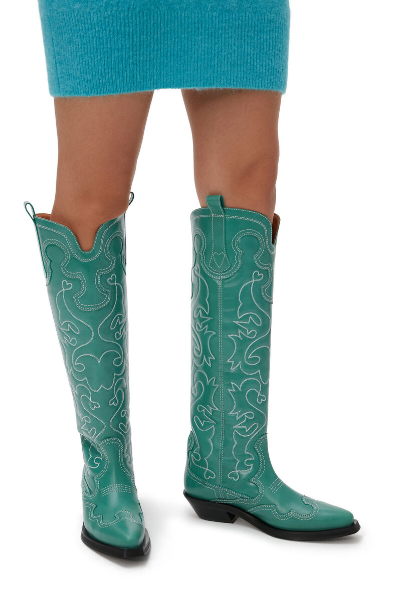 Green Knee High Embroidered Western Boots, Calf Leather, in colour Bottle Green - 5 - GANNI