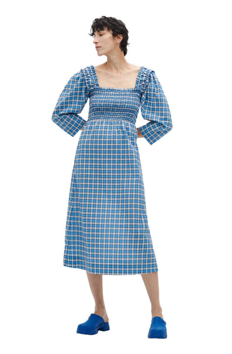 Seersucker Shirred Midi Dress, Organic Cotton, in colour Check Azure Blue - 1 - GANNI