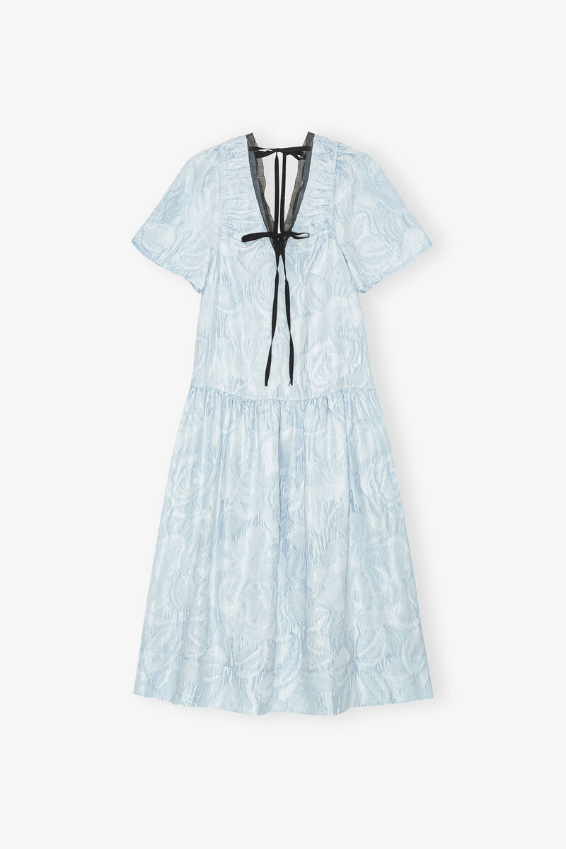 Blue Textured Cloque Midi Dress, Recycled Polyester, in colour Soft Chambray - 1 - GANNI