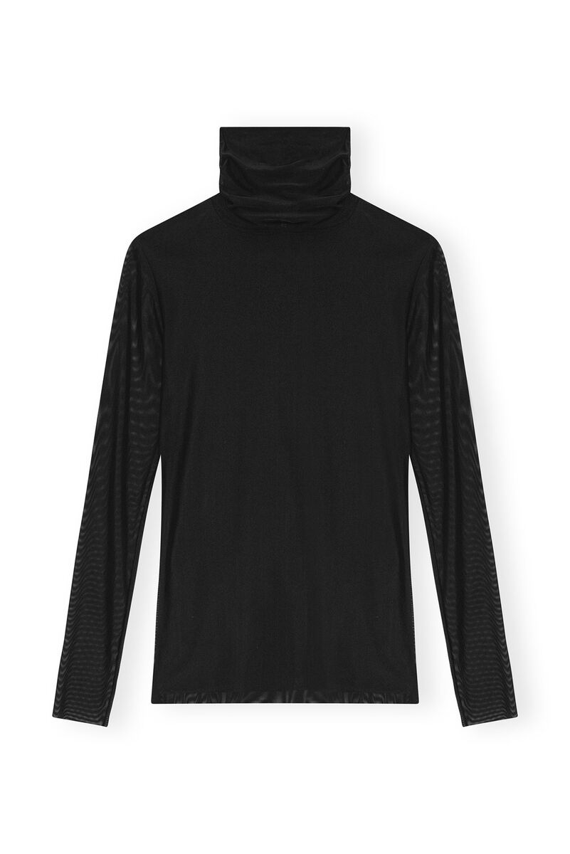 Black Mesh Long Sleeve Roll Neck Blouse, Recycled Nylon, in colour Black - 1 - GANNI