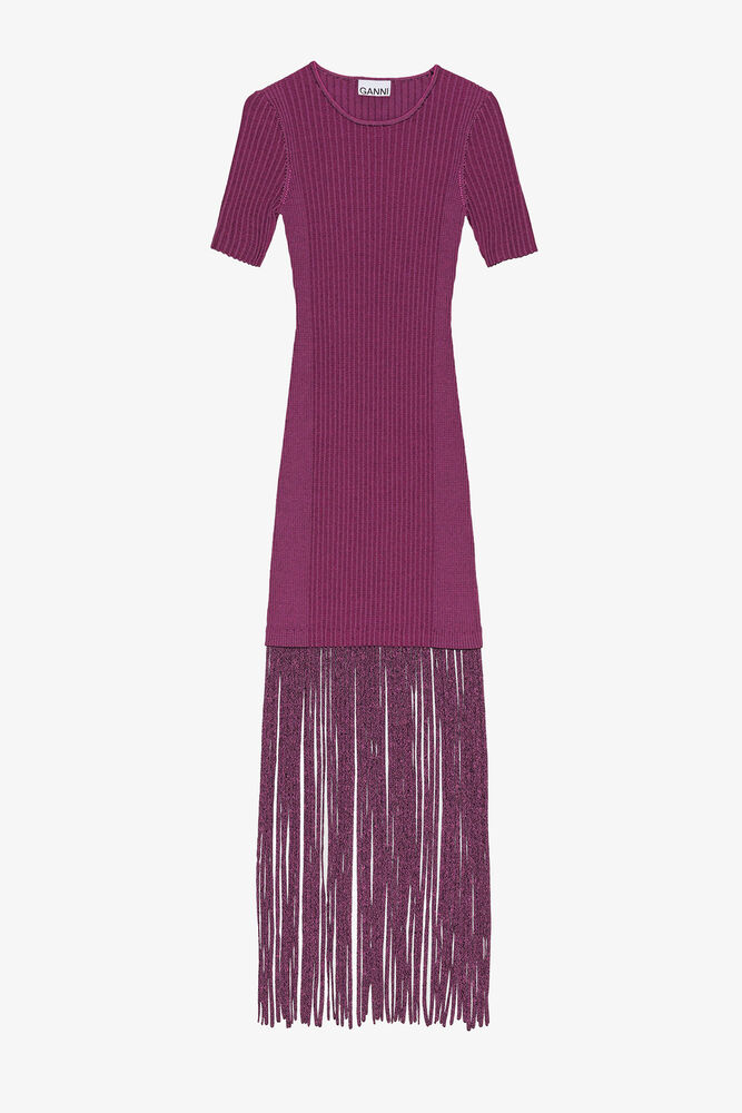 Purple Melange Knit Fringe Short Sleeve Mini Dress, Fiji Flower