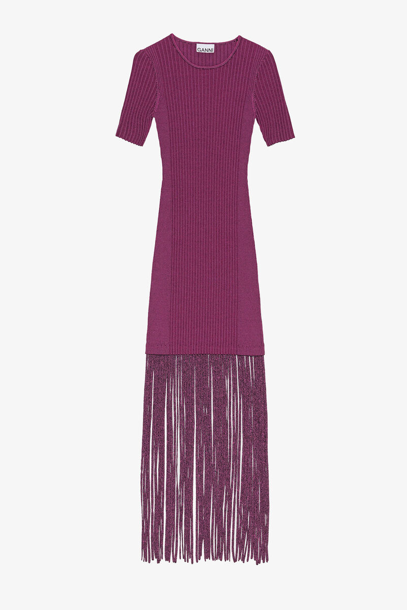 Purple Melange Knit Fringe Short Sleeve Mini Dress, Elastane, in colour Fiji Flower - 1 - GANNI