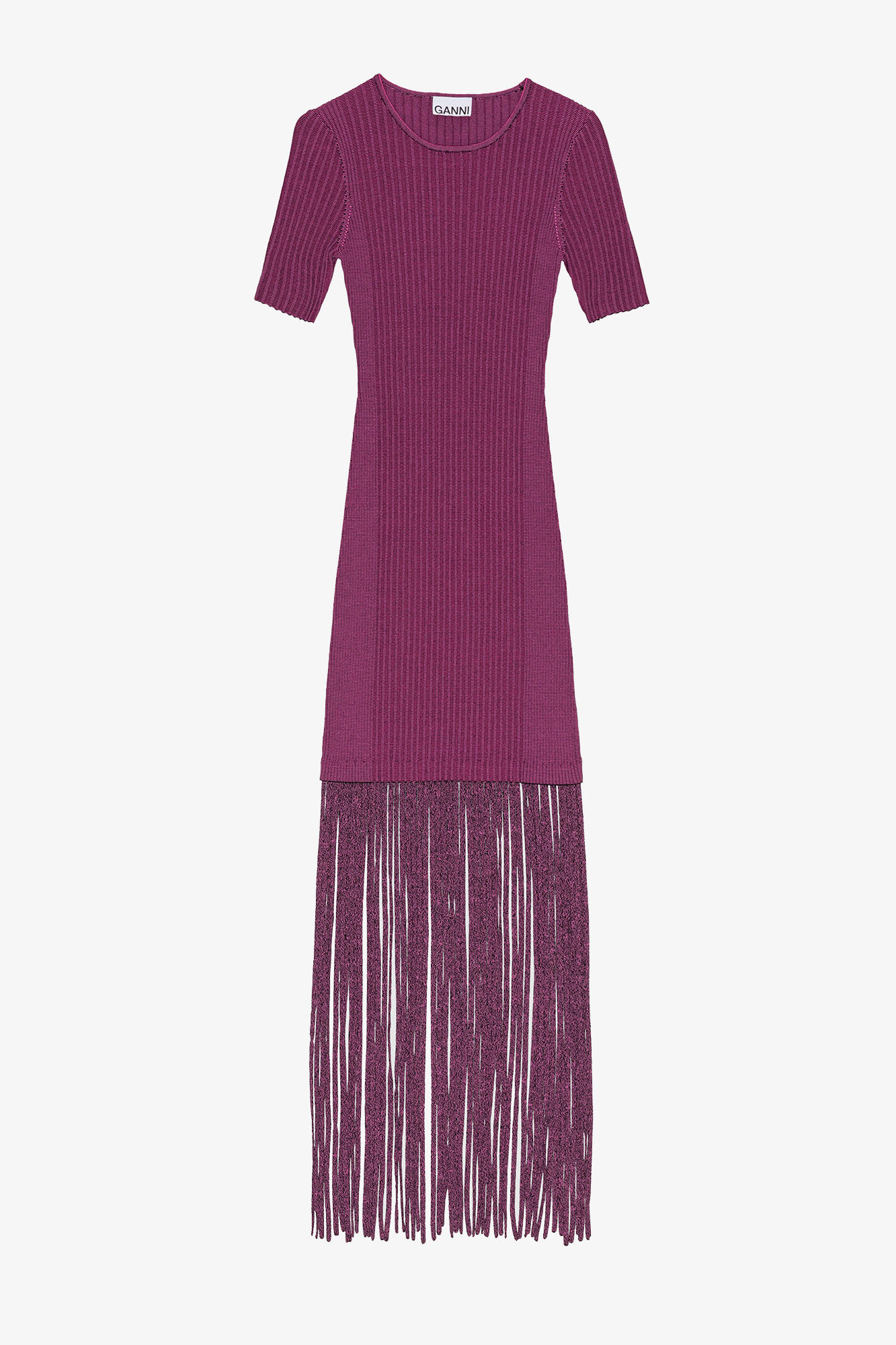 Purple Melange Knit Fringe Short Sleeve Mini Dress, Elastane, in colour Fiji Flower - 1 - GANNI