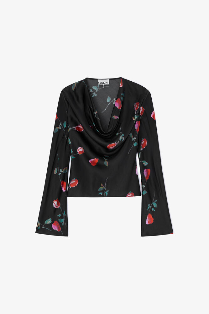 Printed Satin Blouse, Black