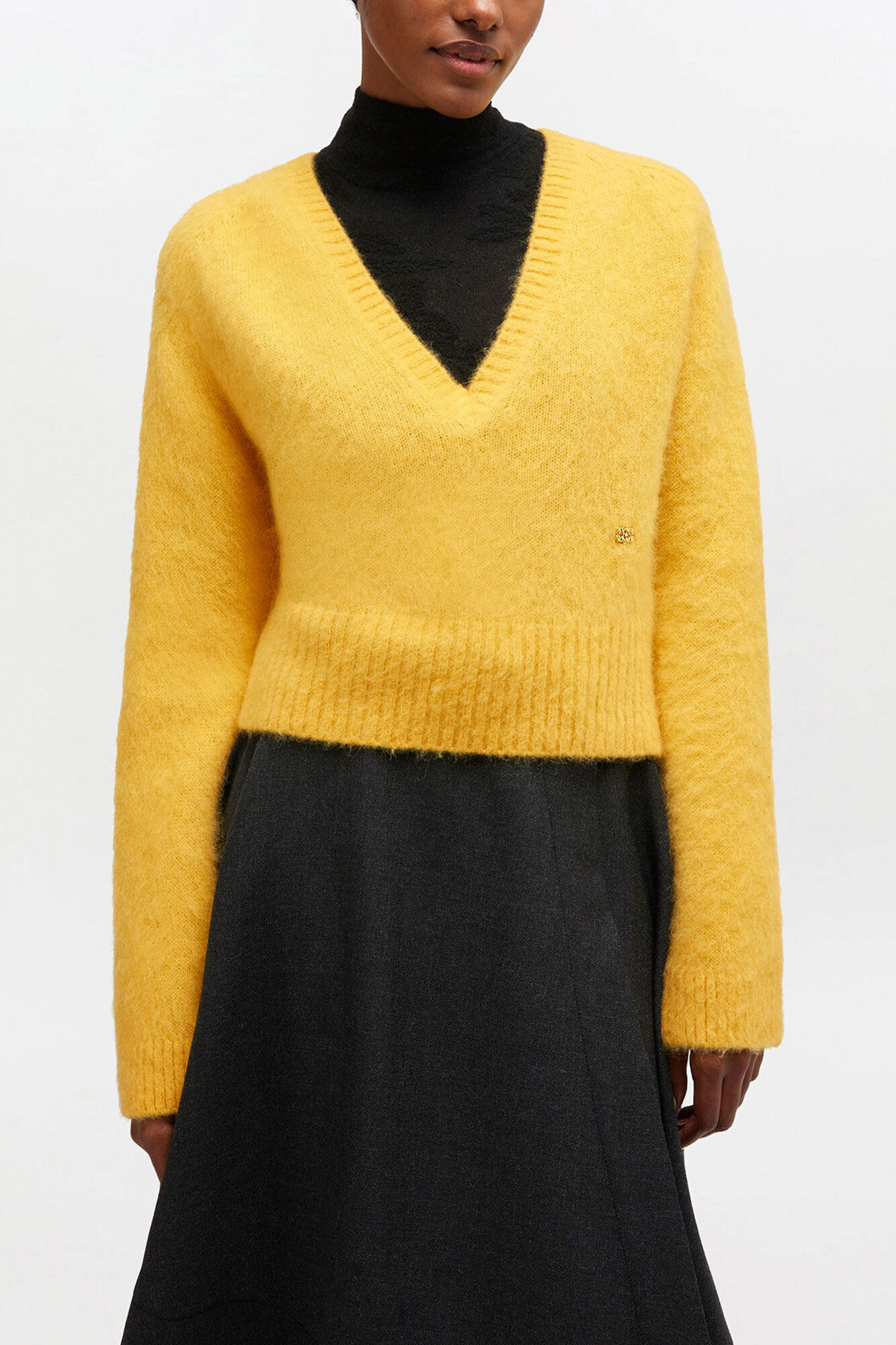 Yellow V-neck Jumper, Alpaca, in colour Blazing Yellow - 1 - GANNI