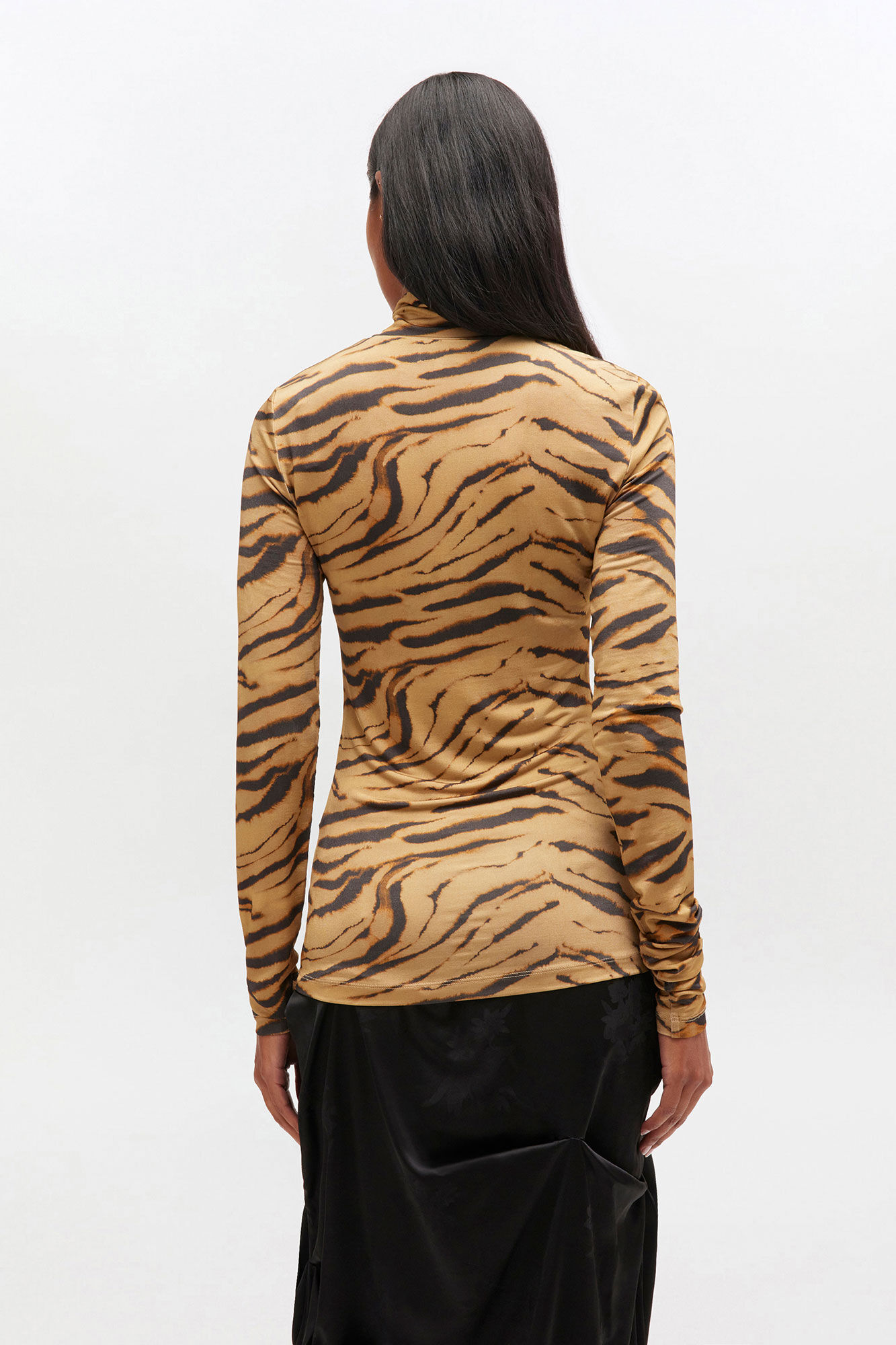 Tiger Print Jersey Turtleneck, Elastane, in colour Khaki - 3 - GANNI