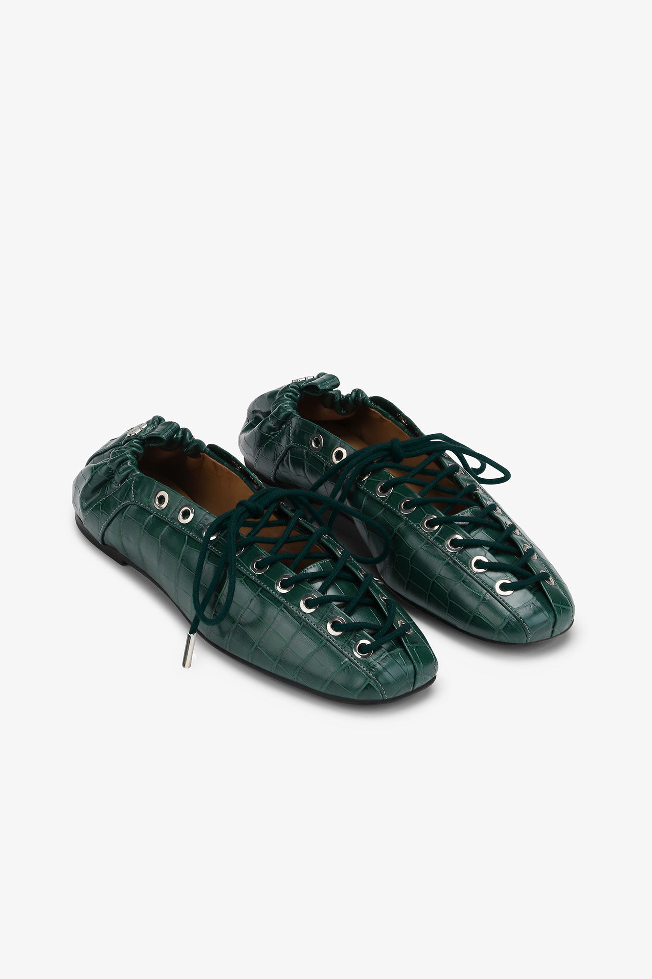 Green Croc-Embossed Lace-Up Flats, Polyurethane, in colour Pineneedle - 2 - GANNI