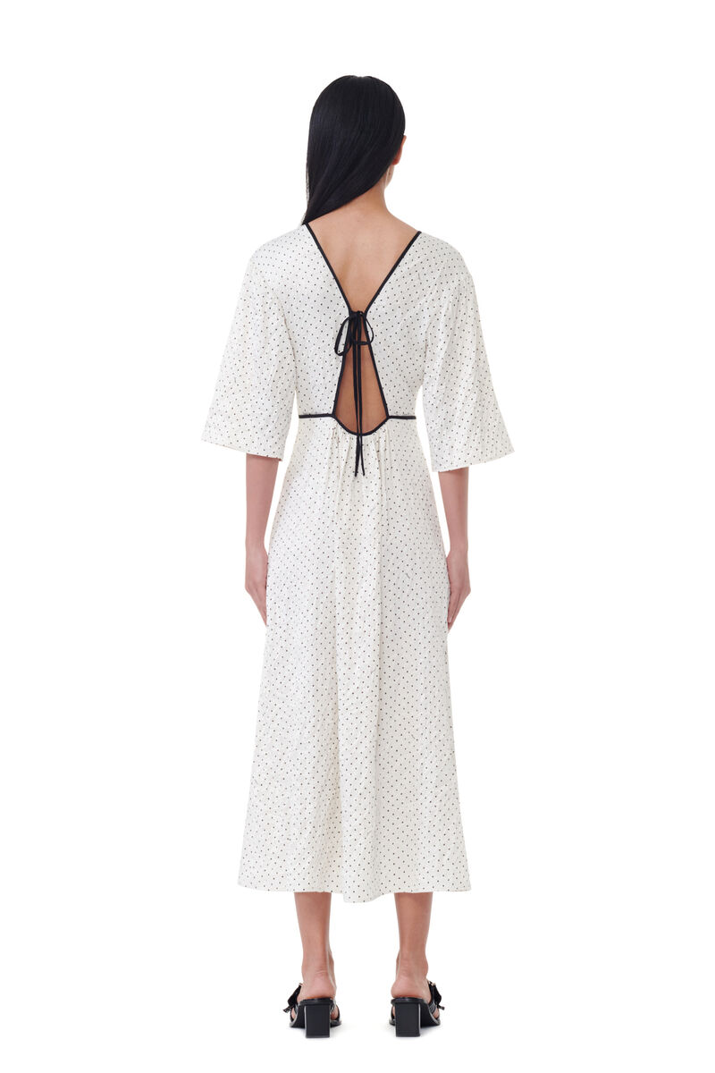 White Polka Dot Crinkled Satin V-neck Long Dress, Elastane, in colour Egret - 4 - GANNI