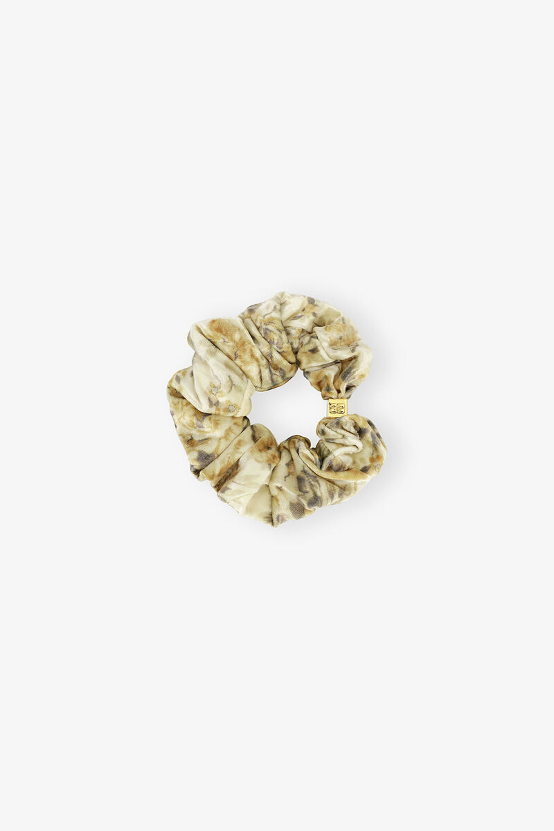 Golden Floral Scrunchie, Recycled Polyester, in colour Cloud Cream - 1 - GANNI