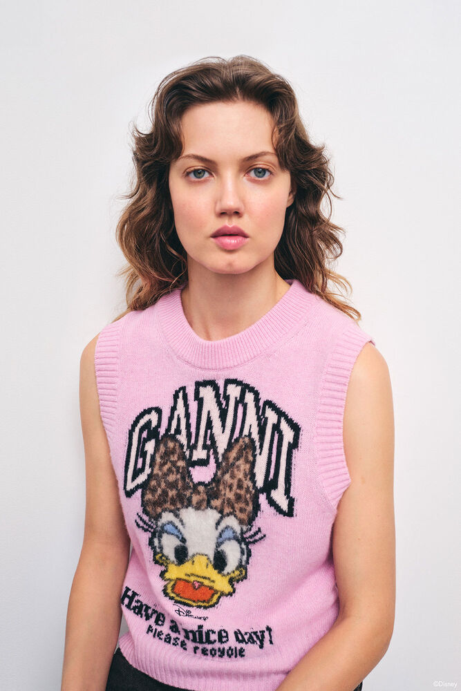 GANNI x Disney Daisy Duck Graphic Wool Vest, Chalk Pink