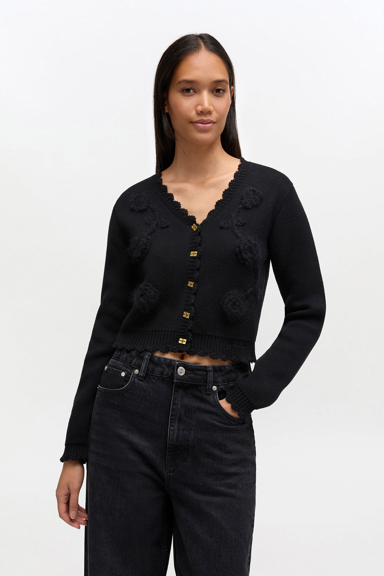 Black Crochet Applique Cardigan, Recycled Polyester, in colour Black - 1 - GANNI