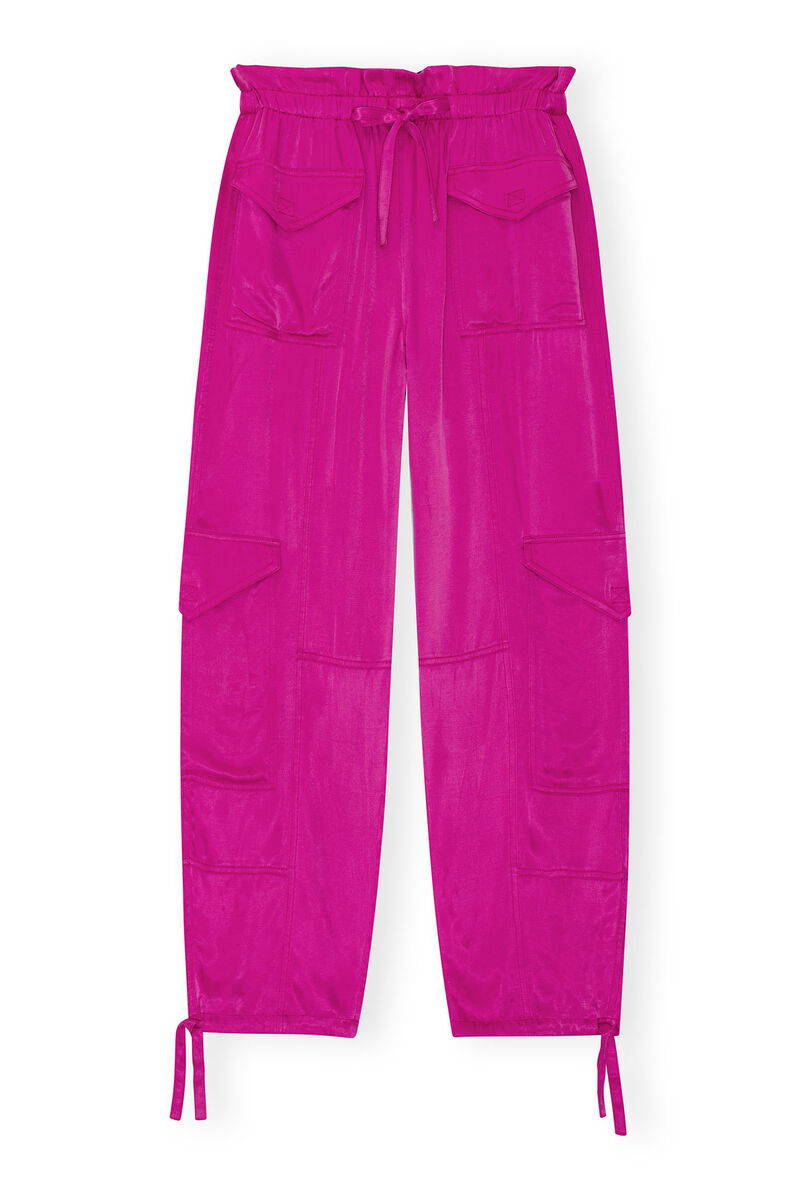 Pink Washed Satin Pocket Pants, Cupro, in colour Fuchsia Red - 1 - GANNI