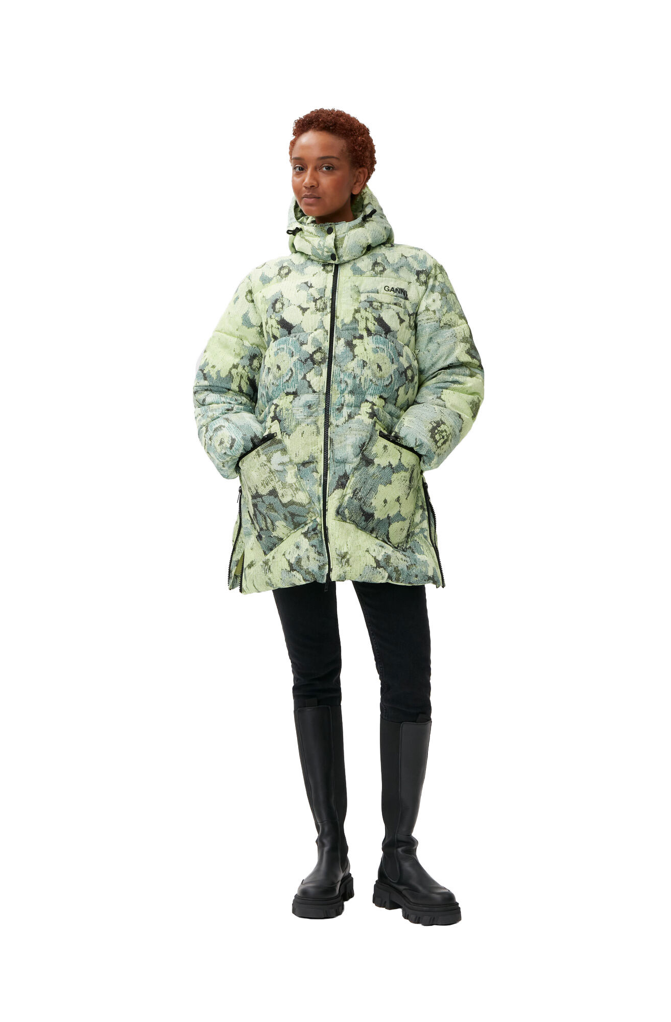 Tech Puffer Printed Oversized Puffer Midi Jacket, Recycled Polyester, in colour Margarita - 1 - GANNI
