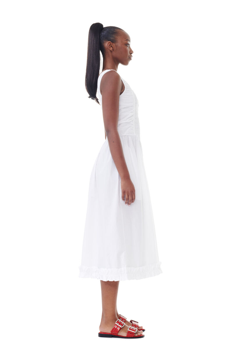 White Cotton Poplin Midi Strap Smock klänning, Cotton, in colour Bright White - 3 - GANNI