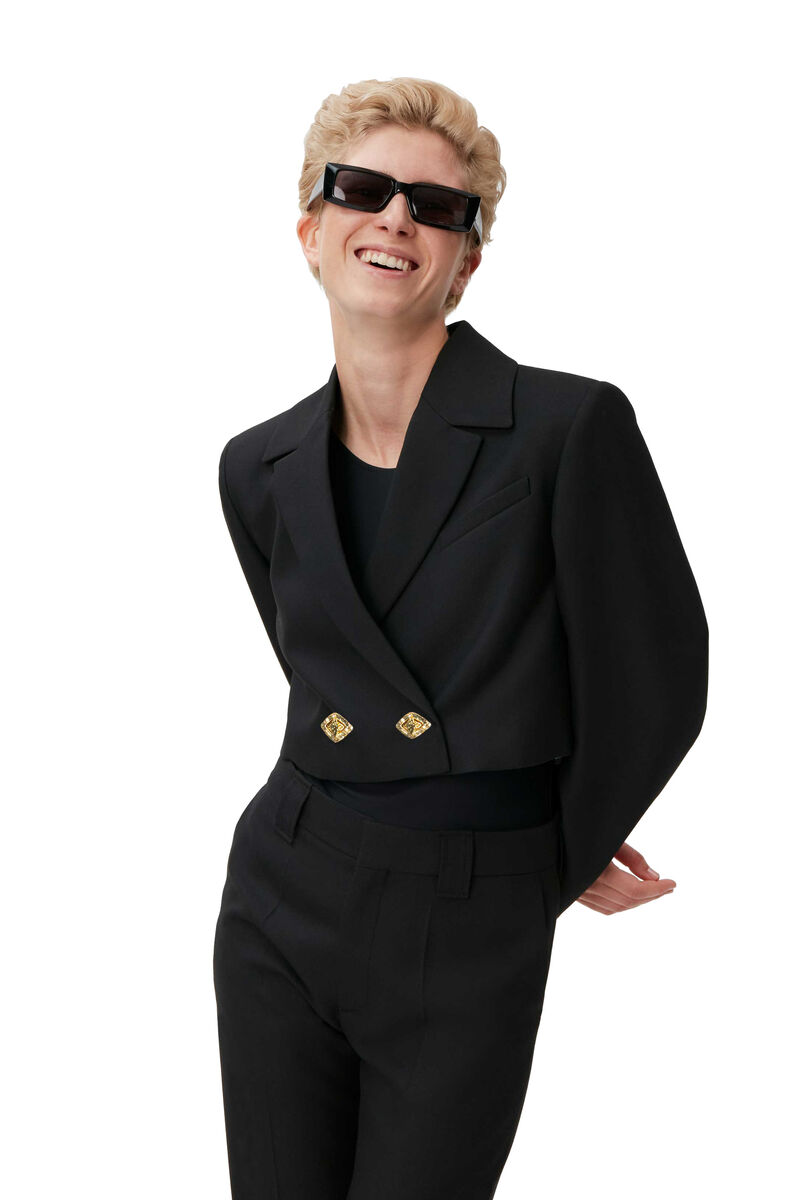 Double-Breasted Cropped Blazer, Recycled Polyester, in colour Black - 4 - GANNI