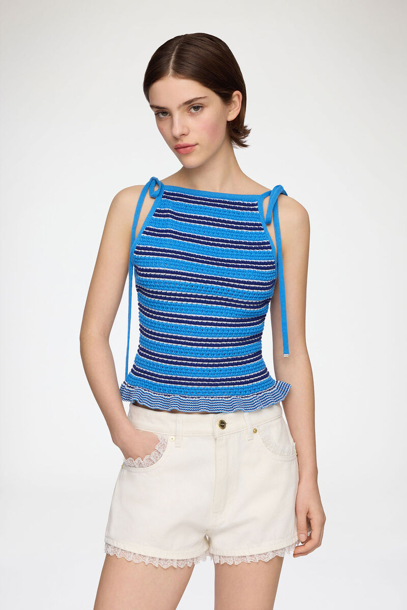 Top in Striped Pointelle, Organic Cotton, in colour Marina - 1 - GANNI