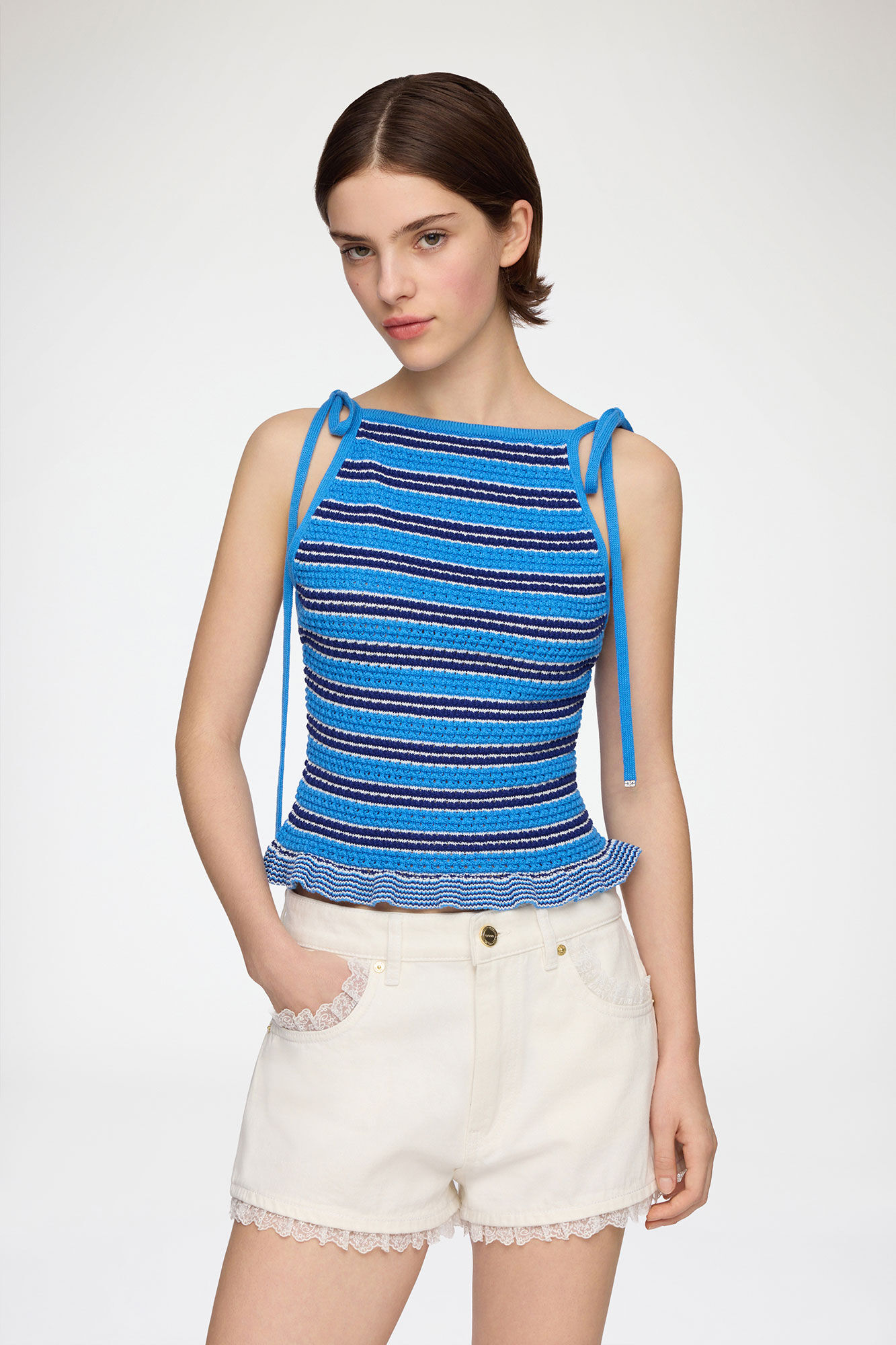 Top in Striped Pointelle, Organic Cotton, in colour Marina - 1 - GANNI