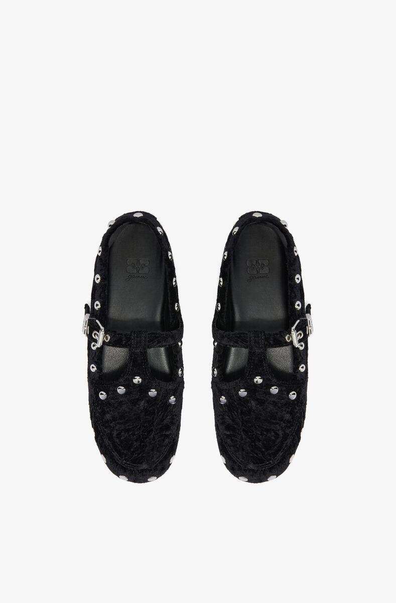Mary Jenny Moccasins in Black Velvet, Polyester, in colour Black - 3 - GANNI