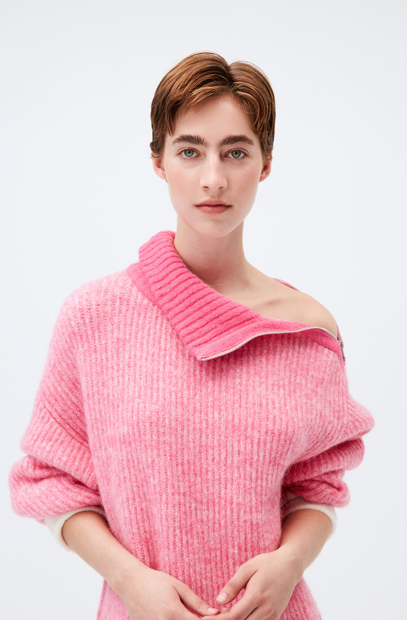 Soft Wool Zip-Neck Pullover, Elastane, in colour Carmine Rose - 2 - GANNI