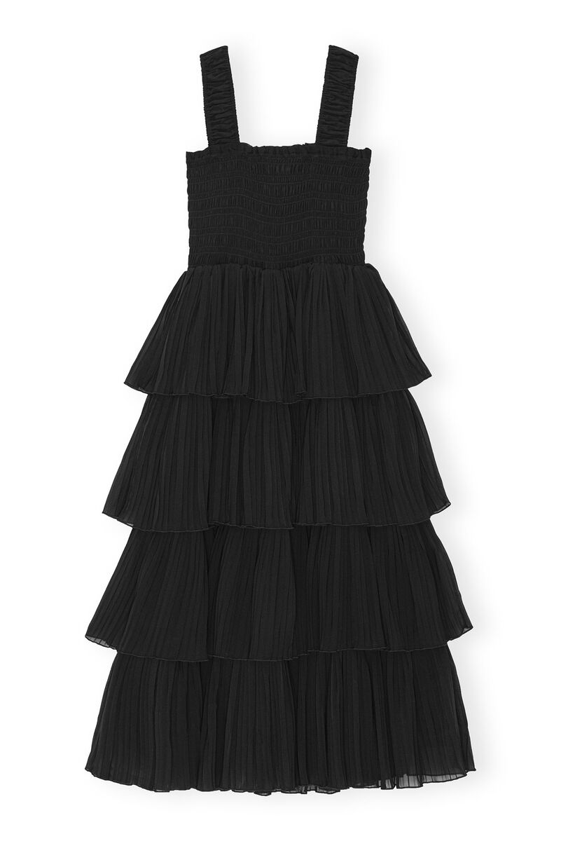 Black Pleated Georgette Flounce Smock Midi Dress, Recycled Polyester, in colour Black - 2 - GANNI
