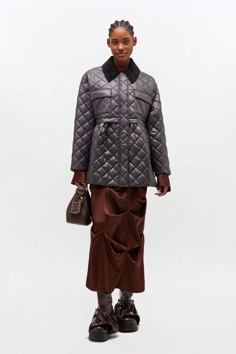 Dark Grey Quilt Midi Jacket, in colour Phantom - 1 - GANNI