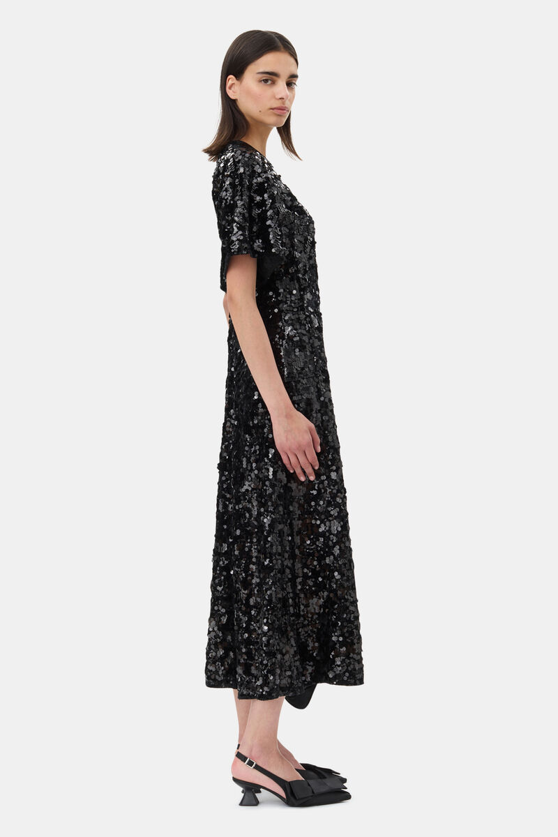 Black Velvet Sequins Long Dress, Polyester, in colour Black - 3 - GANNI