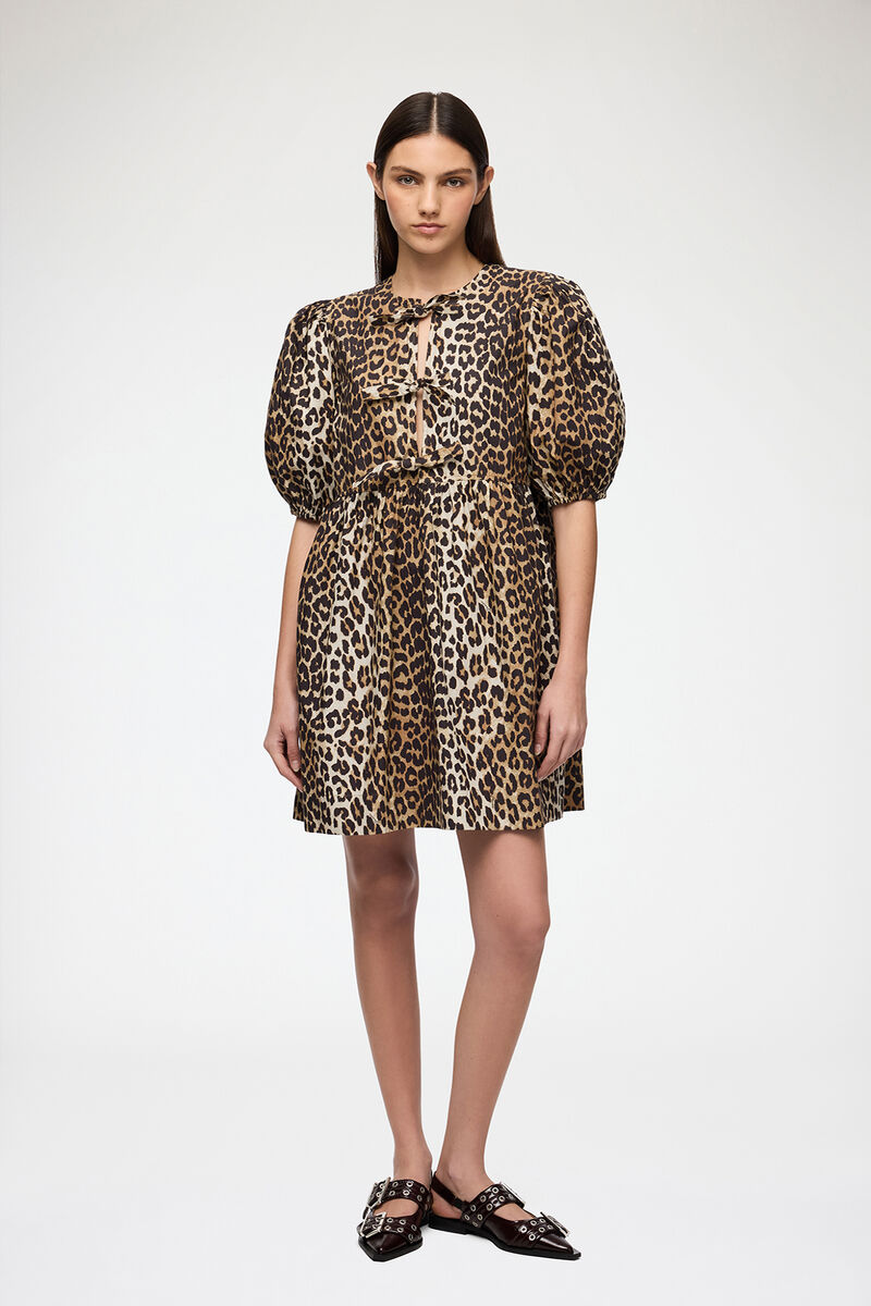 Leopard Cotton Mini Dress, Organic Cotton, in colour Leopard - 1 - GANNI