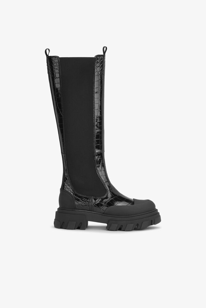 Black Patent Croco High Boots, Black