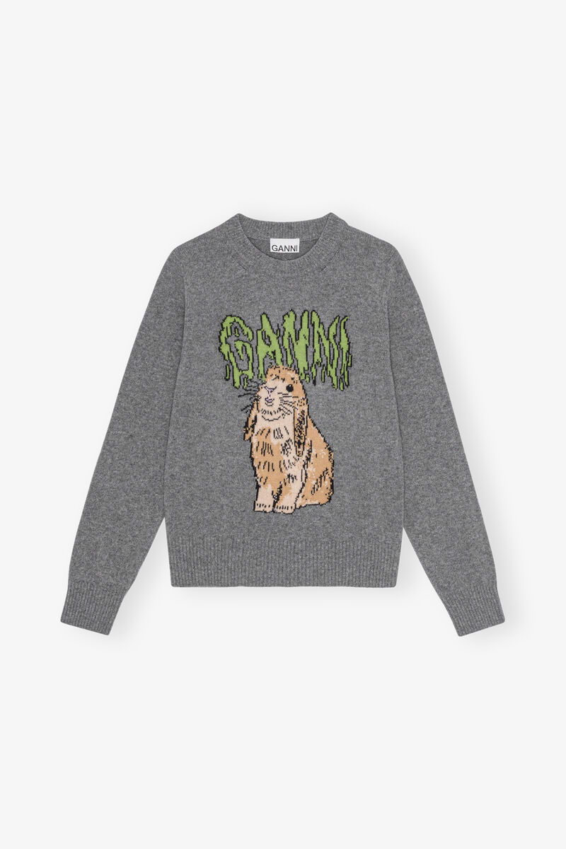 Grey Graphic Bunny tröja, Recycled Polyamide, in colour Frost Gray - 1 - GANNI