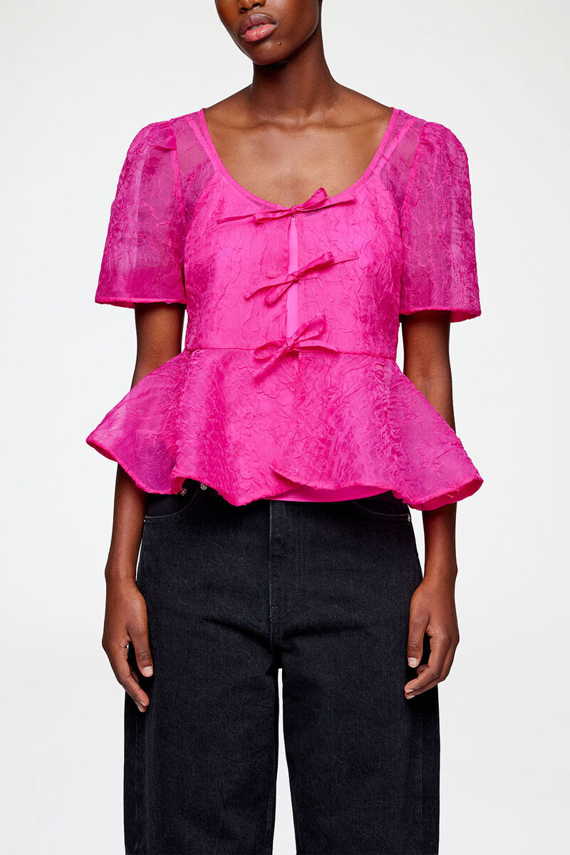 Peplum Blouse in Shibori Organza, Recycled Polyester, in colour Raspberry Rose - 2 - GANNI