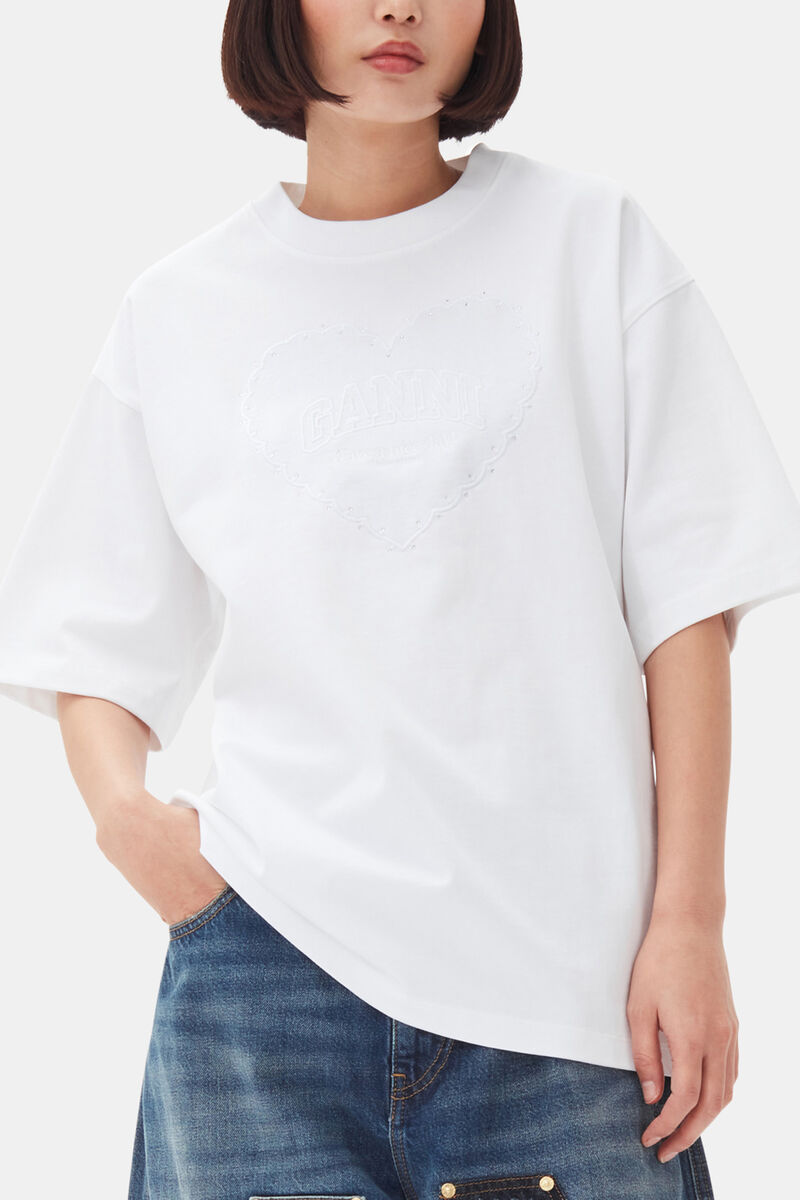 White Heavy Cotton Drop Shoulder Heart T-shirt, Organic Cotton, in colour Bright White - 1 - GANNI