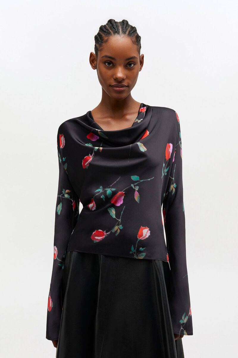 Printed Satin Blouse, in colour Black - 1 - GANNI