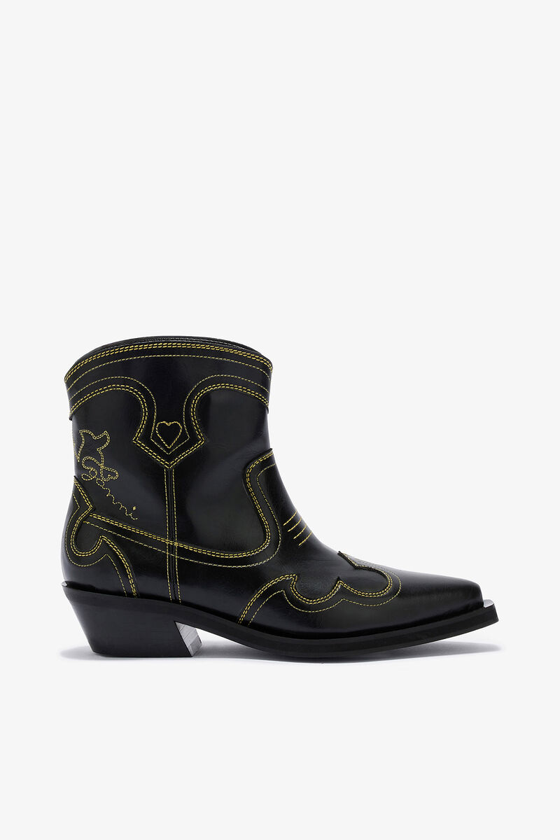 Low Shaft Embroidered Western Boots, Polyurethane, in colour Blazing Yellow - 1 - GANNI