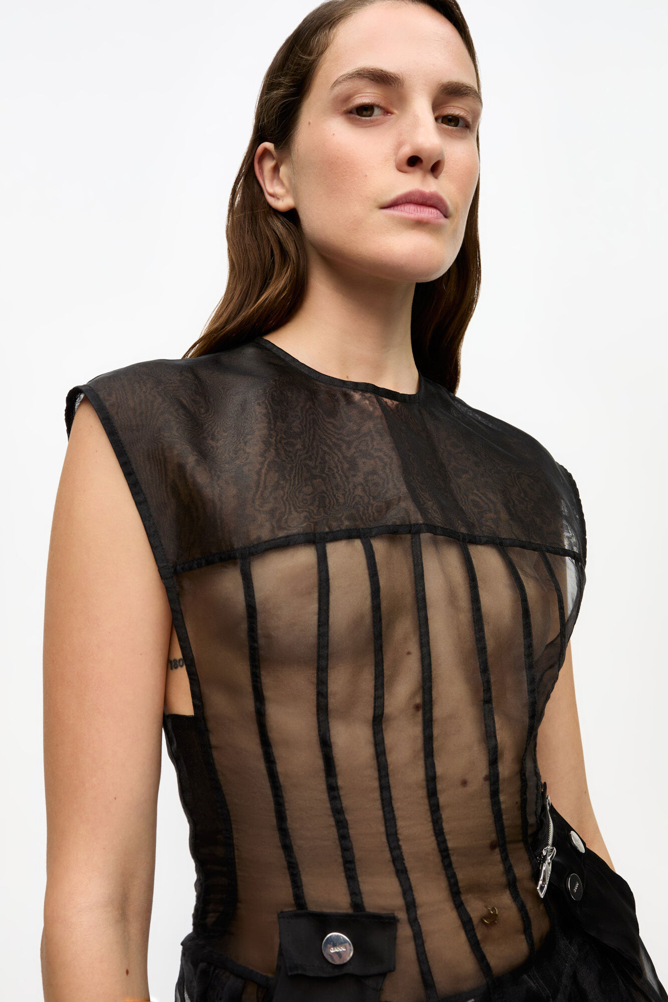 Black Technical Organza Corset Midi Dress, Recycled Polyester, in colour Black - 4 - GANNI