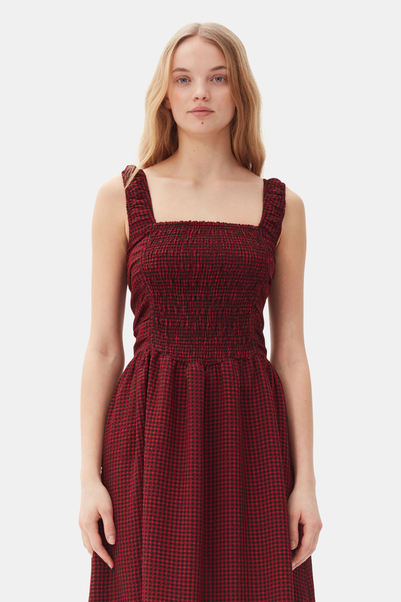 Red Sheer Midi Strap Smock Dress, Recycled Polyester, in colour Winery - 2 - GANNI