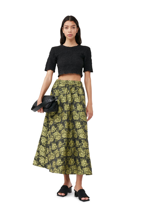 Ganni Short Sleeve Black Cotton Poplin O-neck Cropped Smock Top In Black