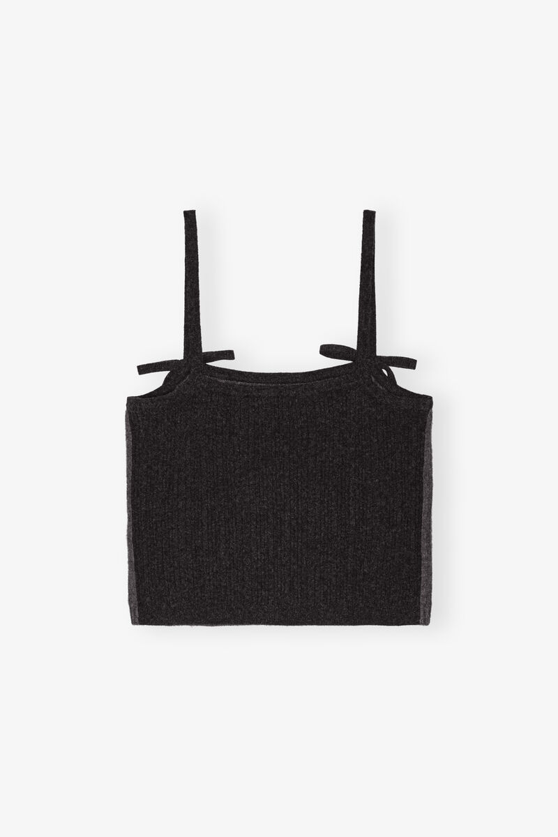 Dark Gray Cable Knit Strap Top, Cashmere, in colour Phantom - 2 - GANNI