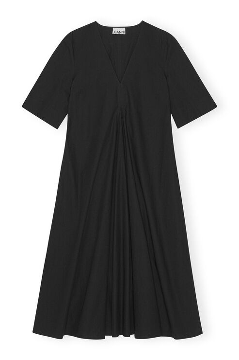 Ganni Short Sleeve Cotton Poplin V-neck Maxi Dress In Black