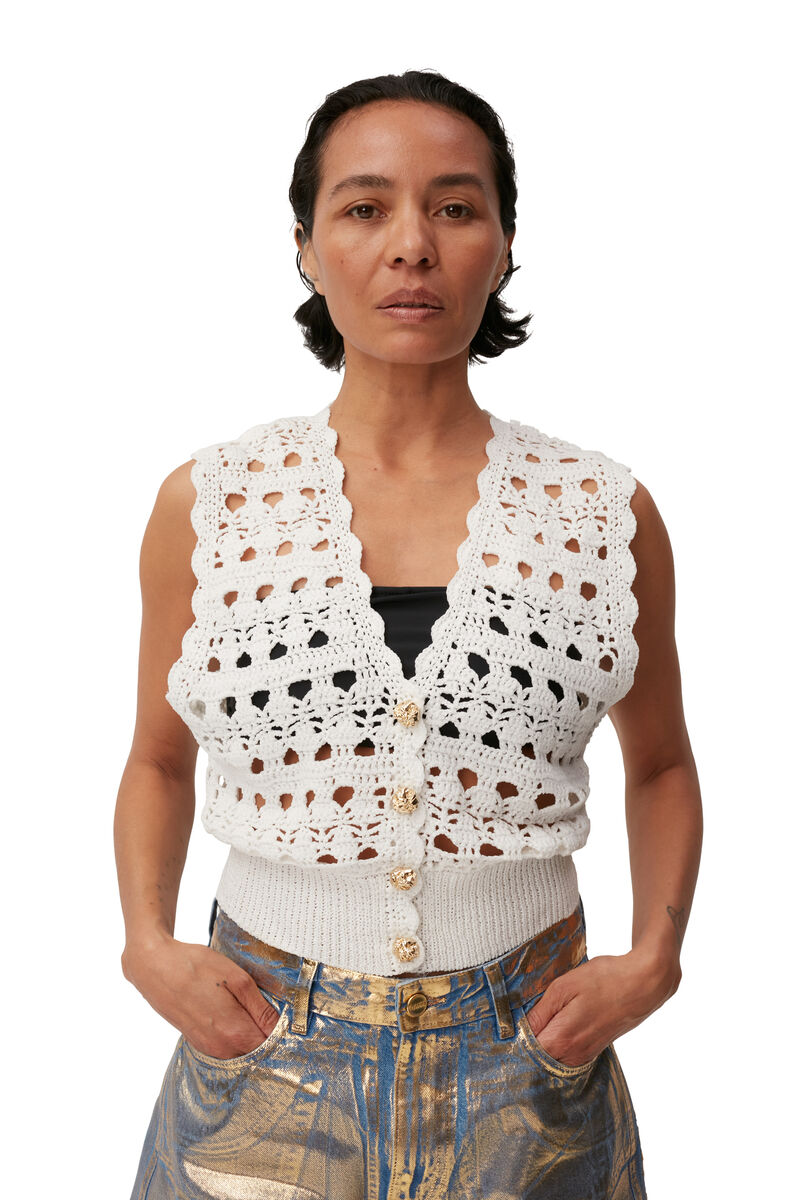 Crochet V-neck Vest, Nylon, in colour Egret - 4 - GANNI