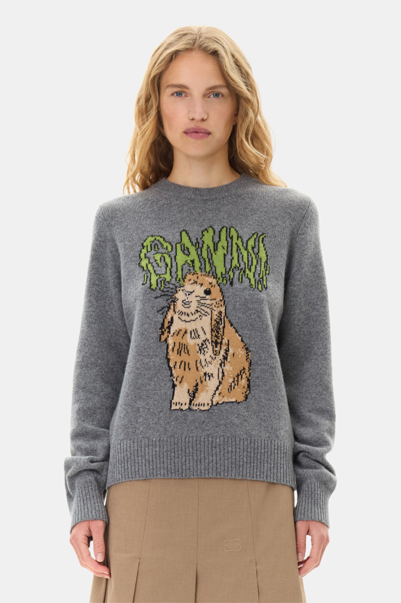 Grey Graphic Bunny tröja, Recycled Polyamide, in colour Frost Gray - 1 - GANNI