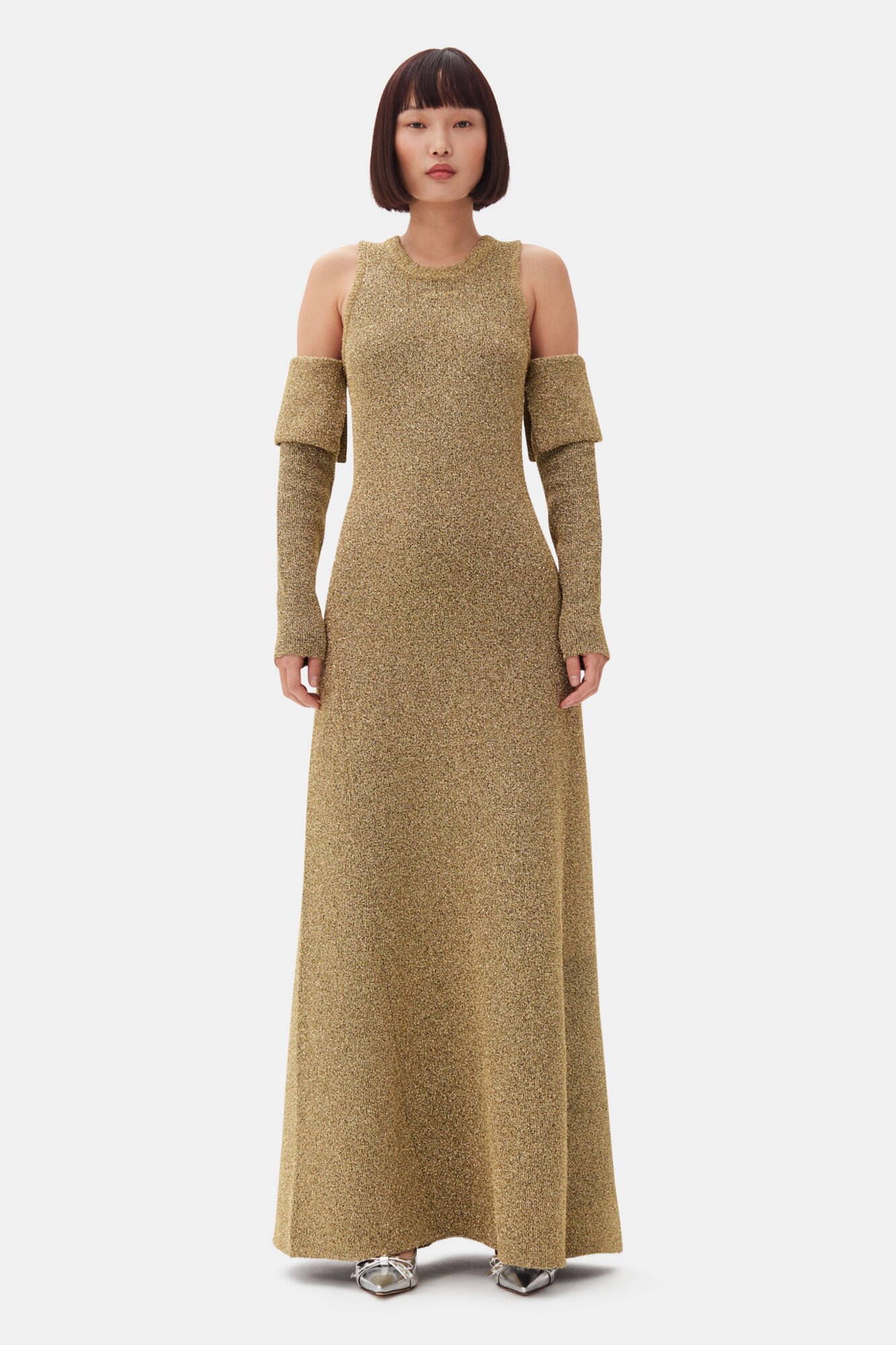 Gold Sparkle Cold-Shoulder Maxi Dress, Metallic fiber, in colour Gold - 1 - GANNI