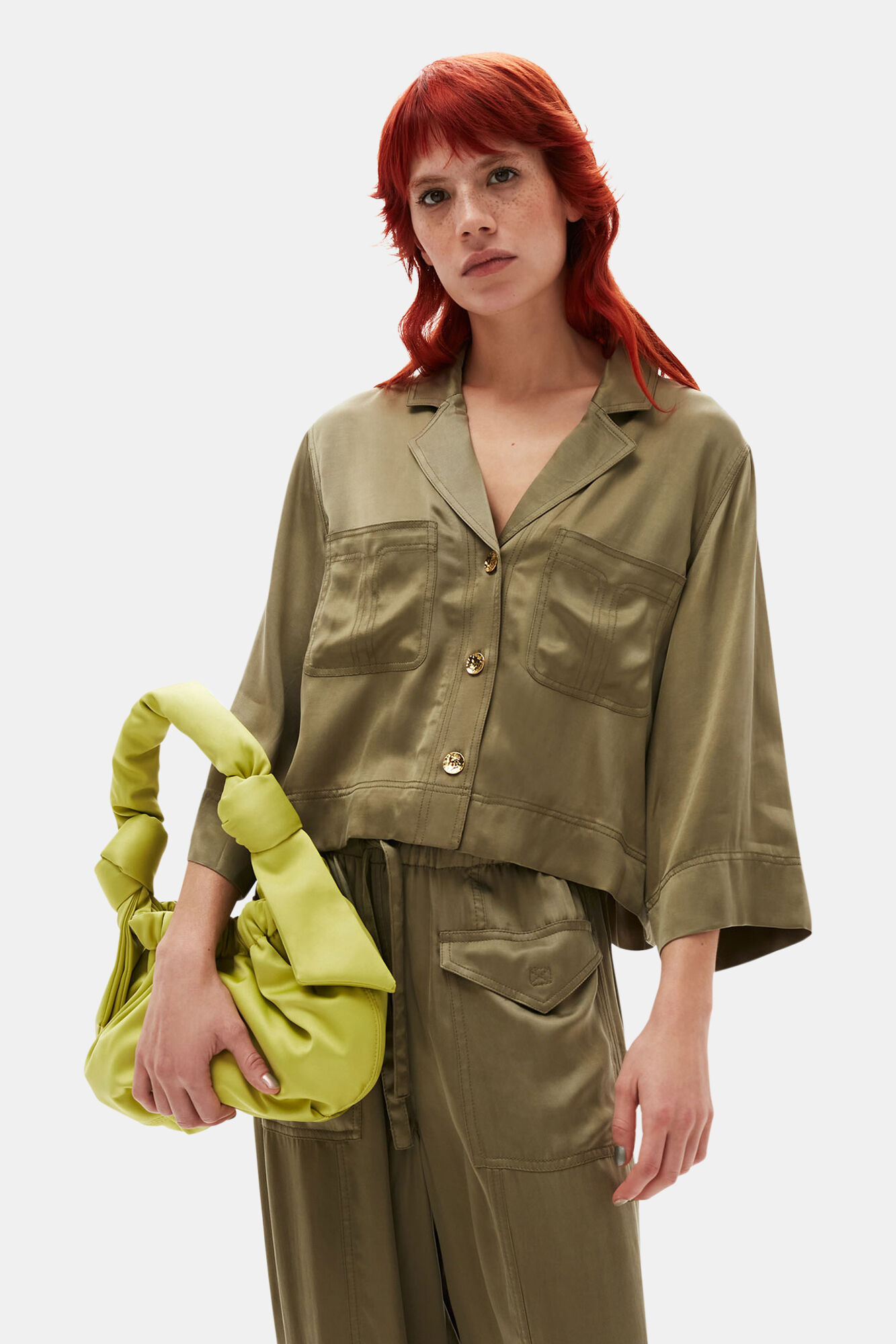 Washed Satin Crop Shirt, Cupro, in colour Aloe - 3 - GANNI