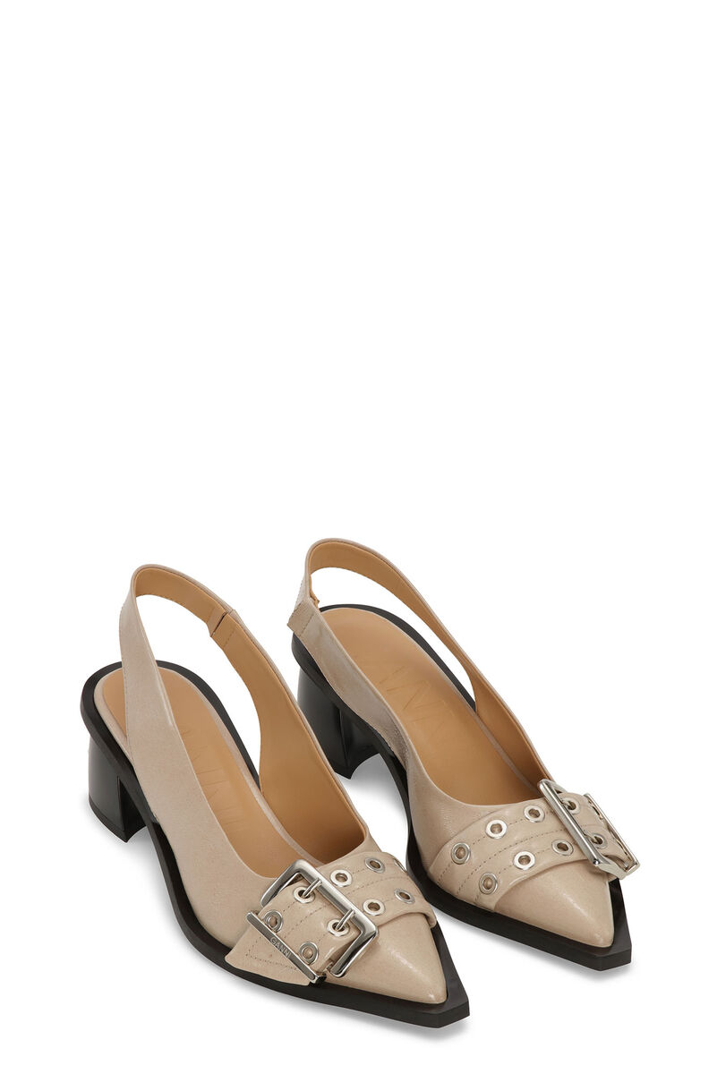 Beige Feminine Buckle Slingback Pumps, Polyester, in colour Taos Taupe - 2 - GANNI