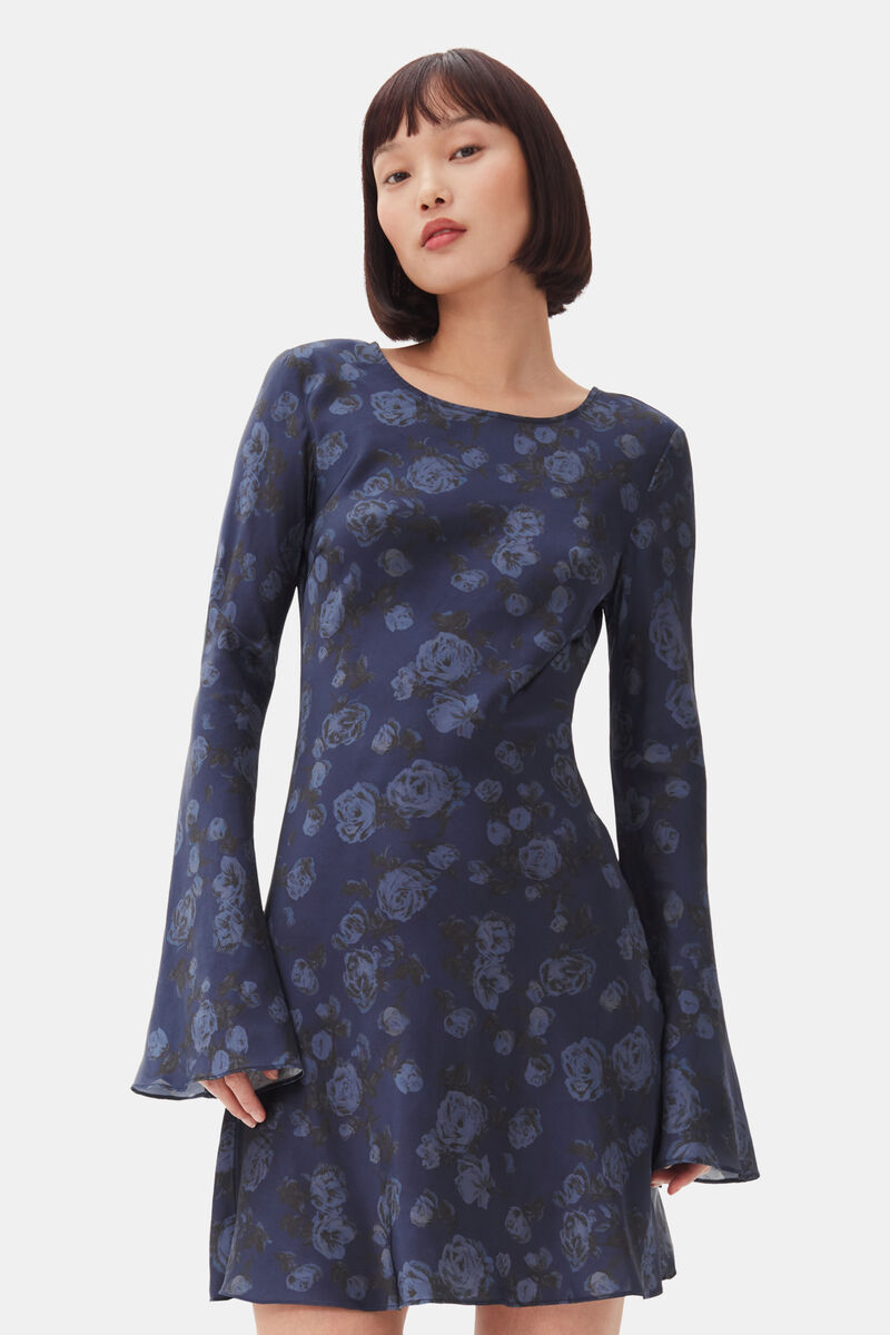 Robe Dark Blue Floral Printed Mini, Spandex, in colour Peacoat - 2 - GANNI