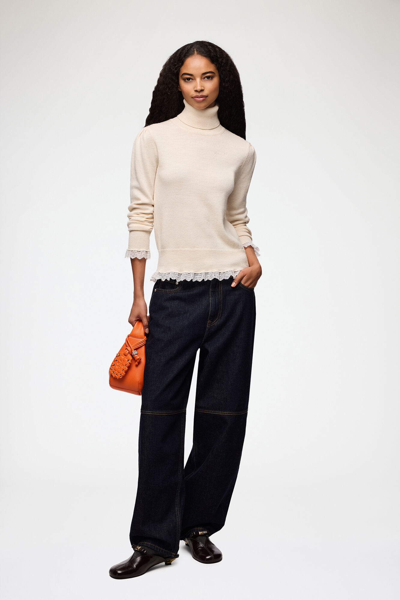 Turtleneck in Lace Merino, Merino Wool, in colour Egret - 2 - GANNI