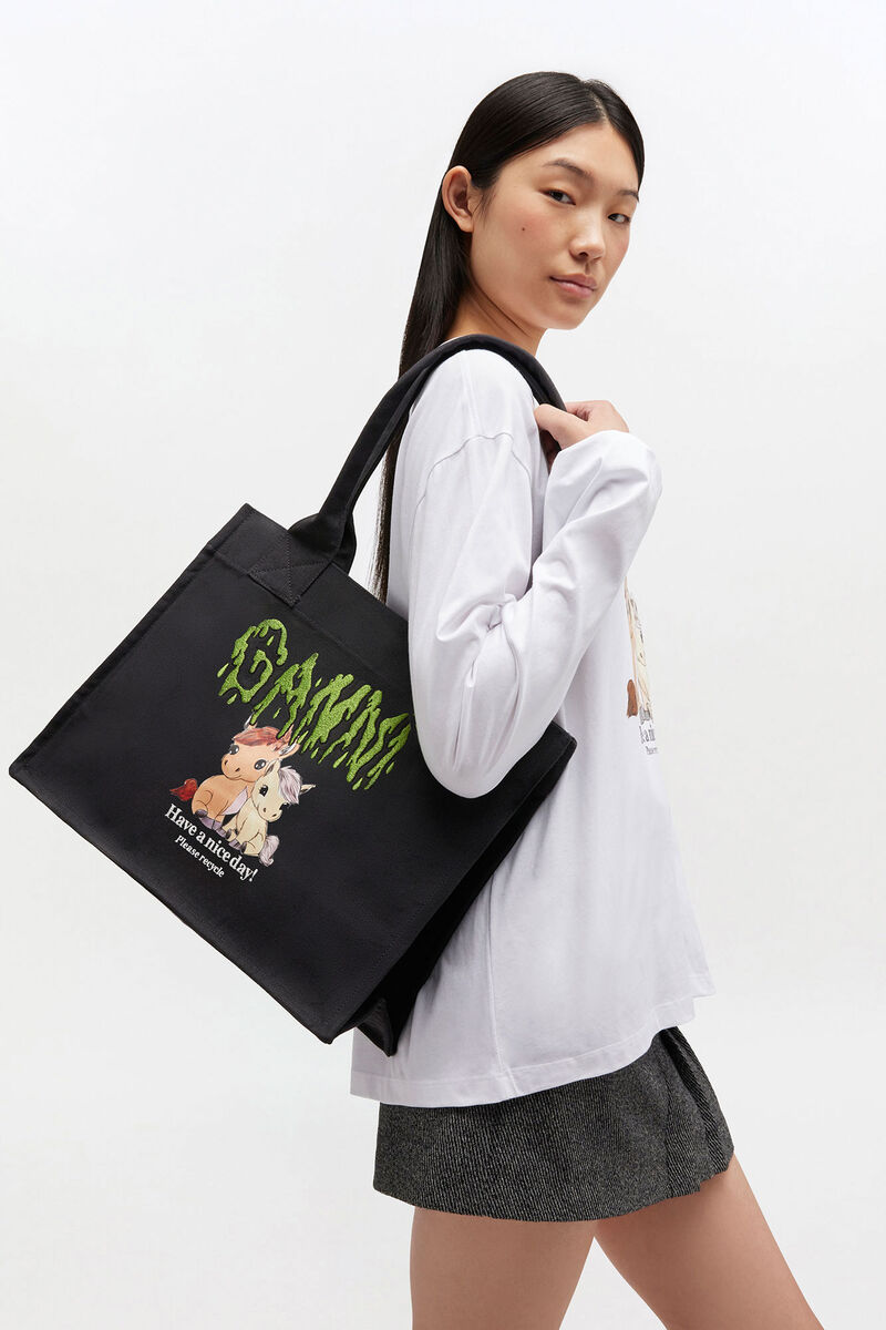 Pony Printed Large Tote, Recycled Cotton, in colour Phantom - 1 - GANNI