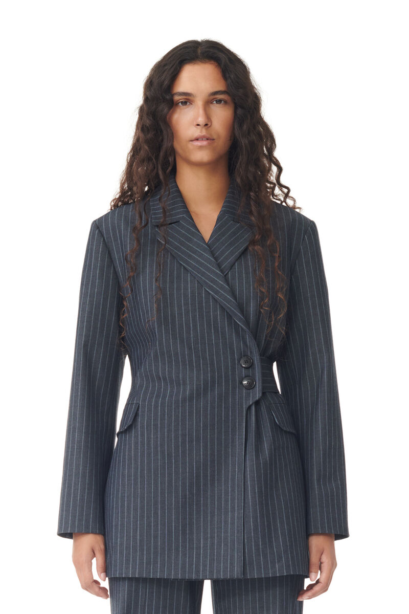Stretch Striped Belt Blazer, Elastane, in colour Gray Pinstripe - 1 - GANNI