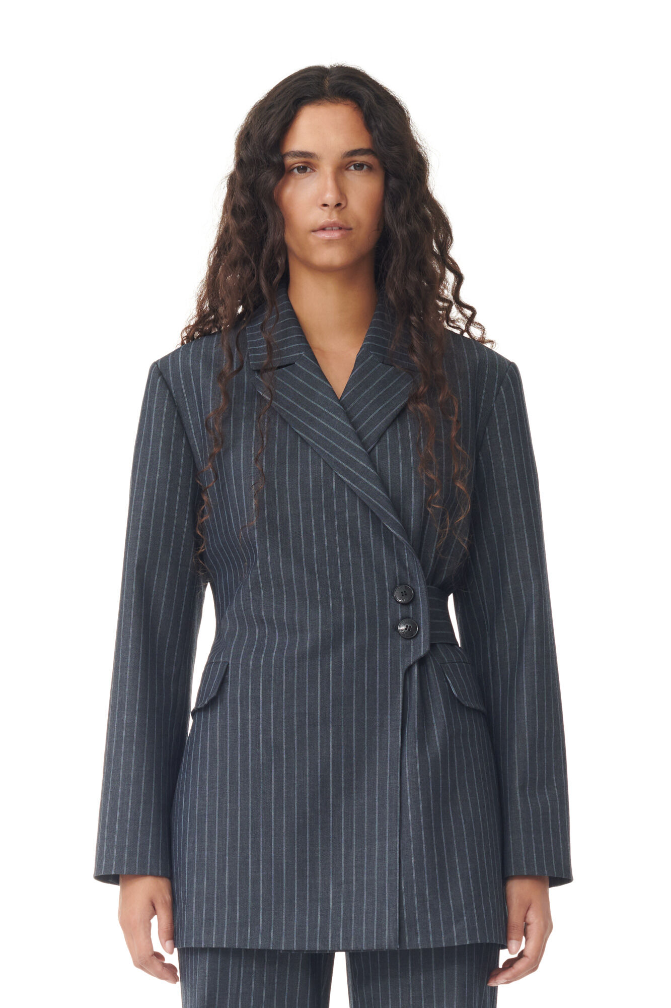 Stretch Striped Belt Blazer, Elastane, in colour Gray Pinstripe - 1 - GANNI